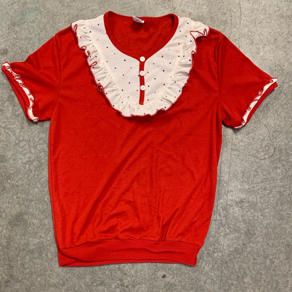Red Short-Sleeve Ruffle Trim Top with White Polka Yoke